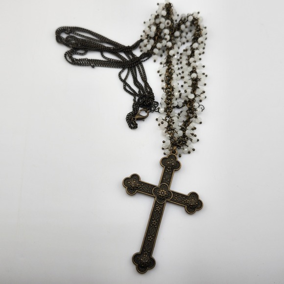 Bronze Cross Pendant Necklace White Beaded Chain Religious Jewelry - Picture 5 of 5